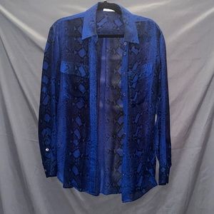 Blue silk snake print button-down blouse